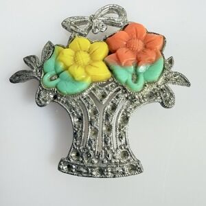 Vintage Pot Metal Brooch Basket of Flowers Celluloid  Flowers MCM FLAWS